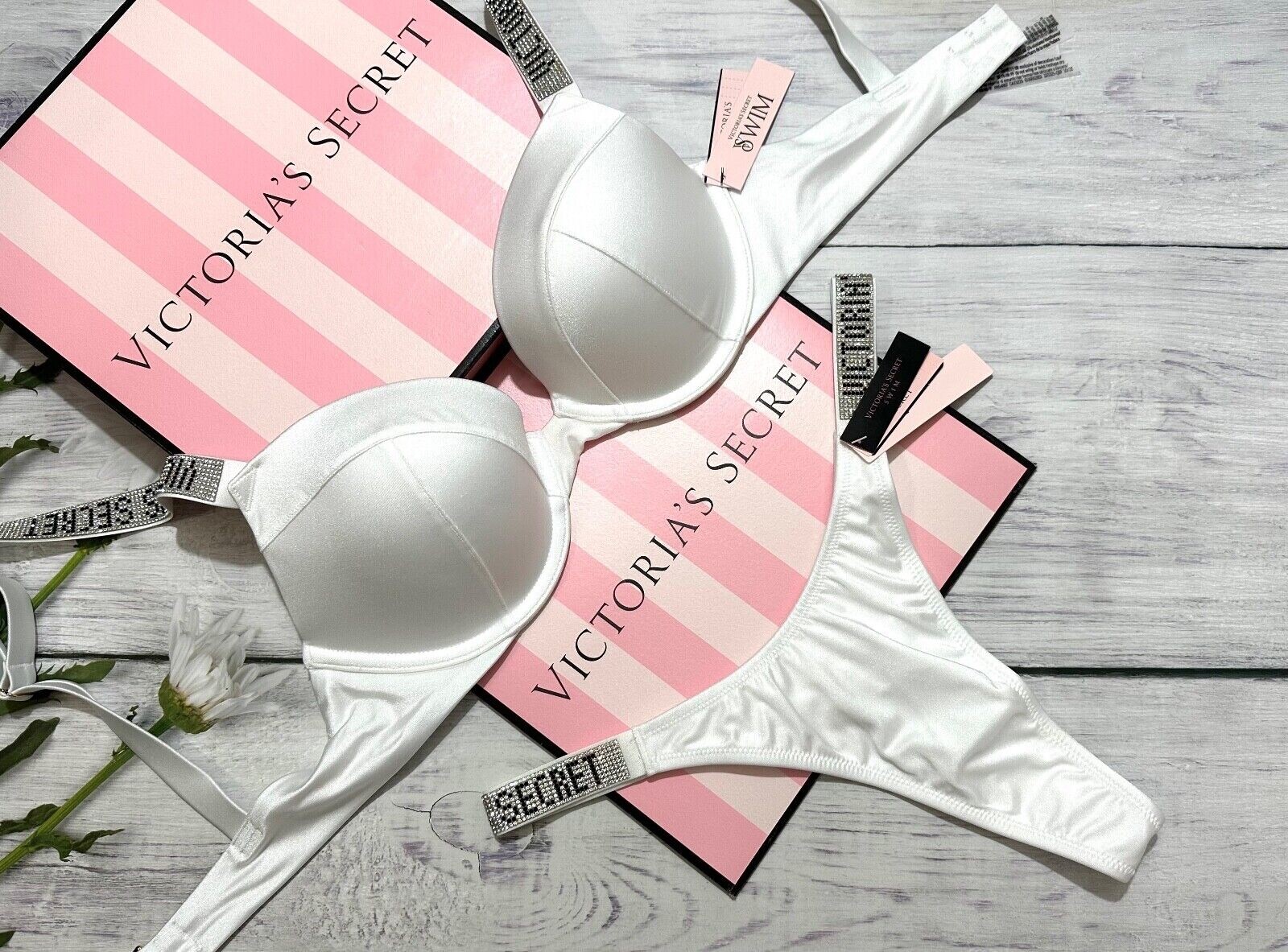 

VICTORIAS SECRET Shine Strap Sexy Tee Push-Up Bikini Thong SWIM Set White 34C-S, Белый