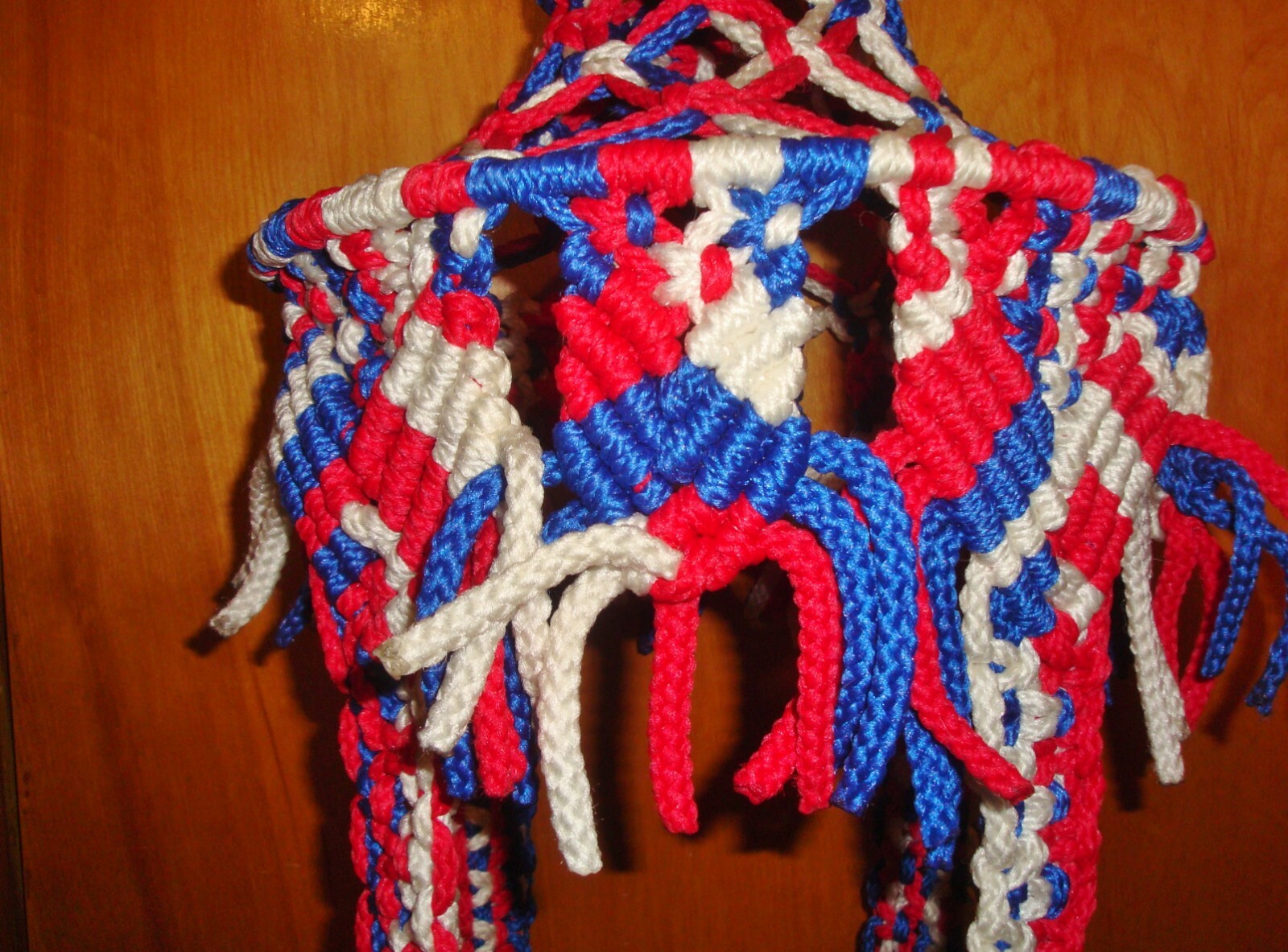 VTG MACRAME Plant Holder RED White Blue Double Plant Holder OVER 5 FT TALL