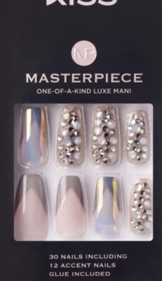 Kiss Masterpiece Long Press On Nails Bling Rhinestones Coffin 85690 MP01 Pink