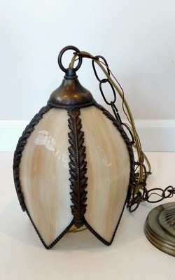Vintage Slag Glass 11quot Tulip Pendant Swag Lamp with Hang Chain amp Ceiling Cap