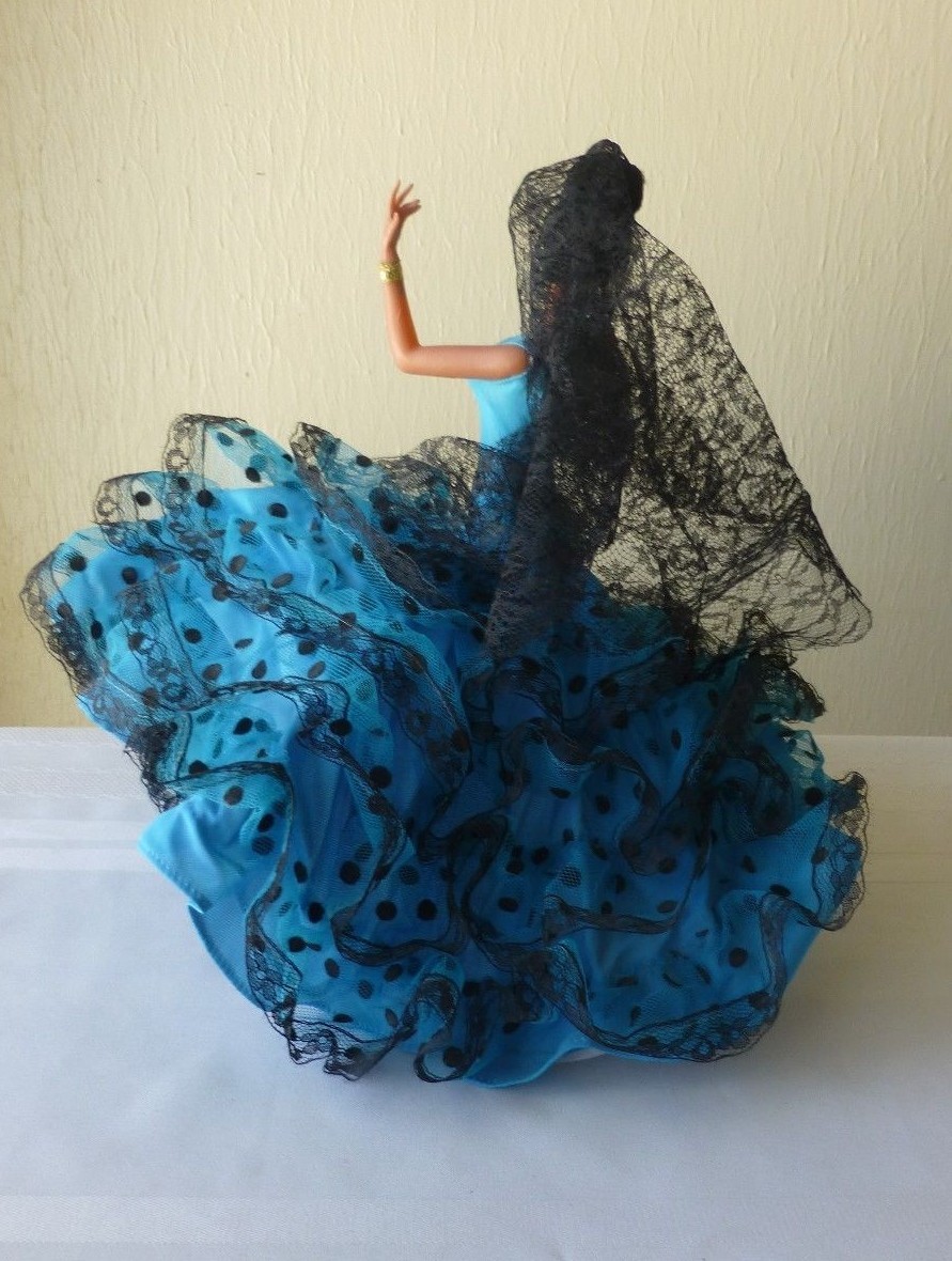 VTG Spanish Flamenco Dancer Doll Ornate Blue and Black Dress Stand Collectible