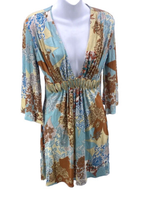 SKY Brand Y2K Vtg Dress M Silk Floral Print Turquoise Metal Split Flare Sleeve
