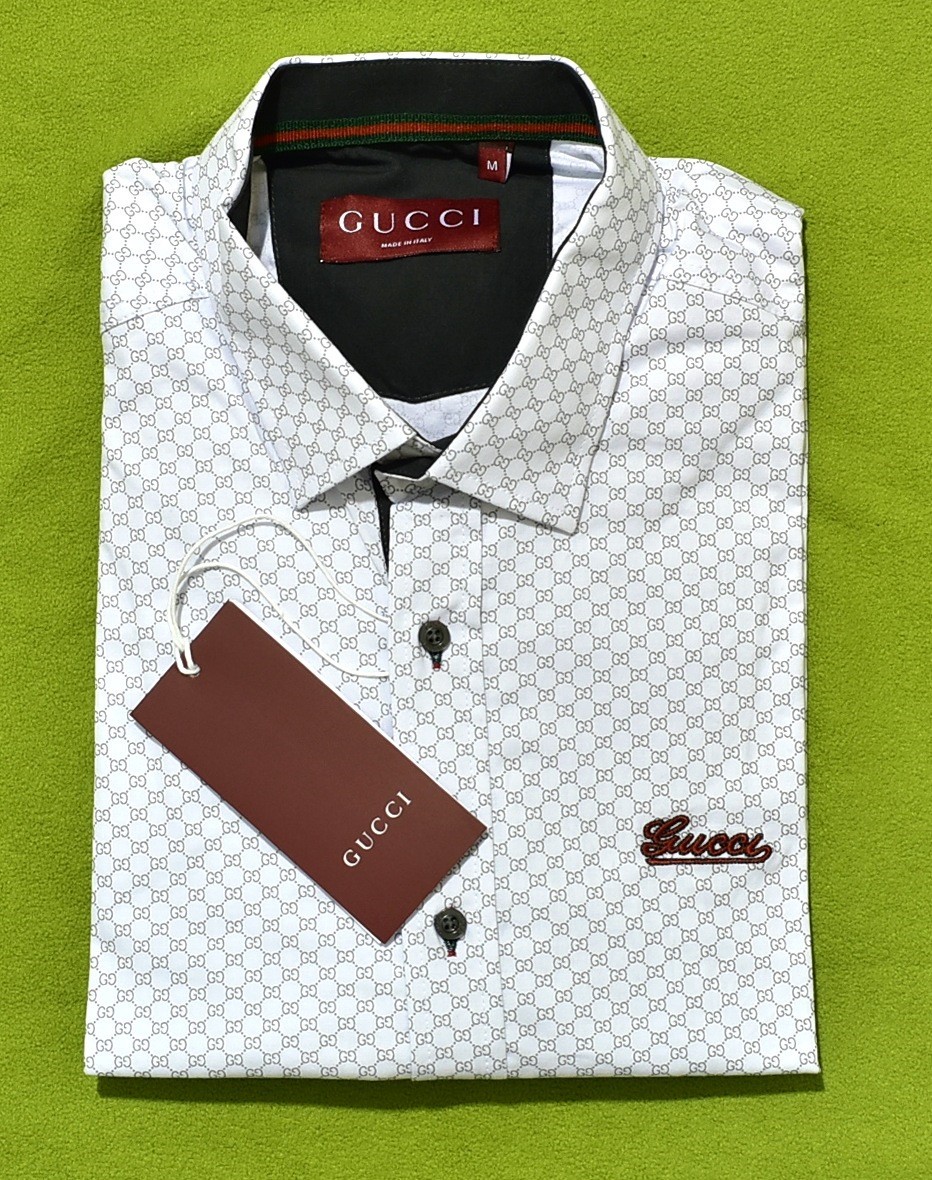 Gucci Men's White Monogram Long Sleeve Button-Up Slim Fit Dress Shirt 3XL