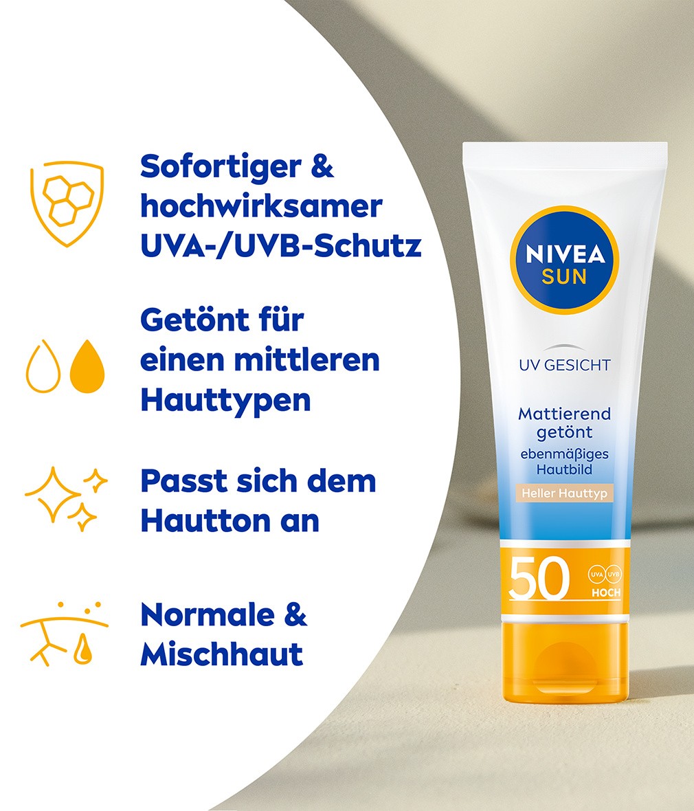NIVEA SUN UV Face Mattierend Getönter Sonnenschutz Hell LSF 50 50ml - Bild 5 von 8
