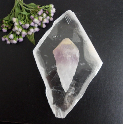 Rare White dragon tooth amethyst 24g paired with clear selenite 81g - point # 5