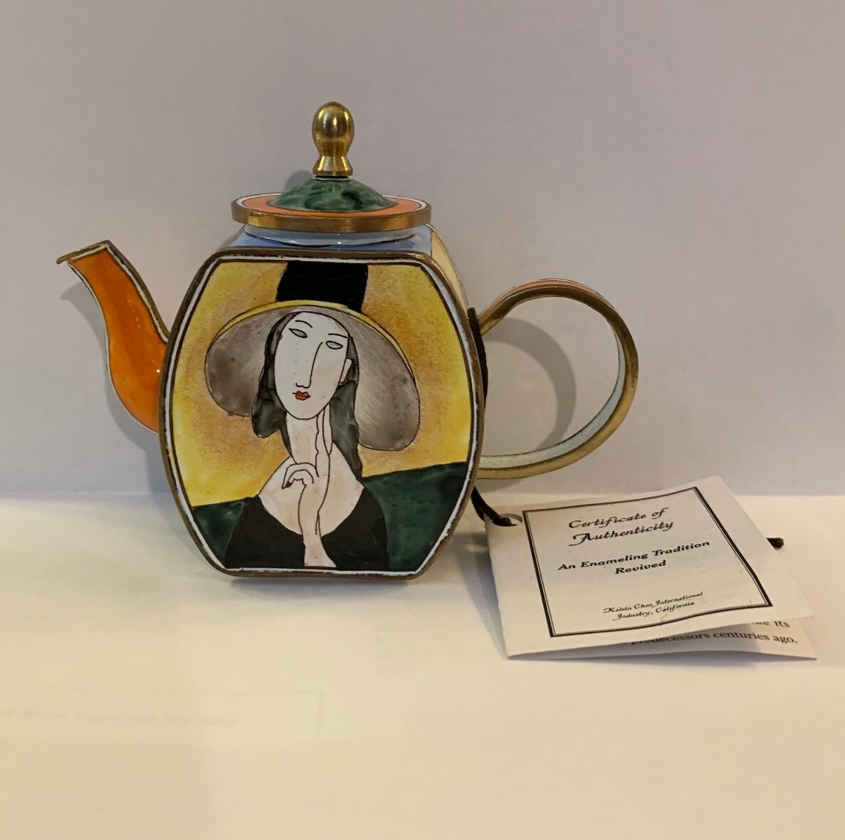KELVIN CHEN Enamel Copper hand painted Mini Teapot Lady Hat by