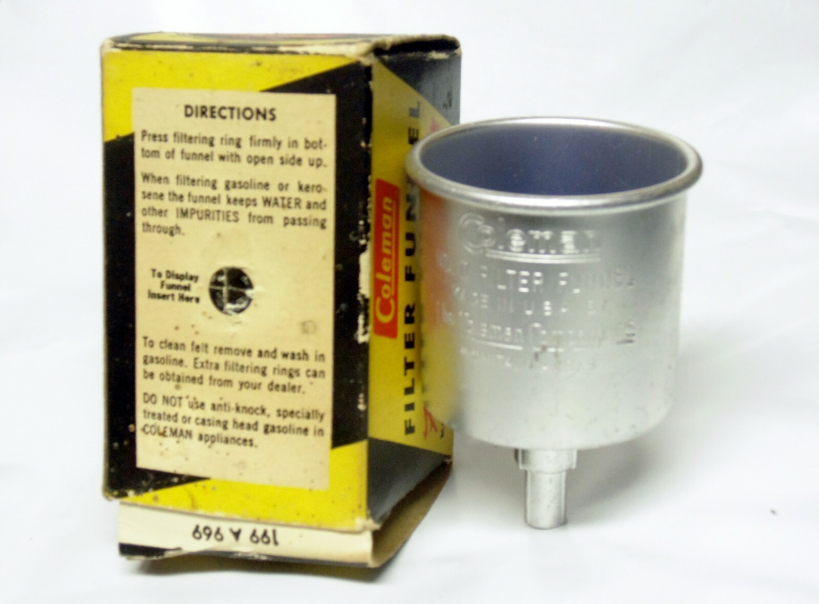 VINTAGE COLEMAN NO. 0 FILTER FUNNEL W/ FILTER, RING & ORIGINAL BOX