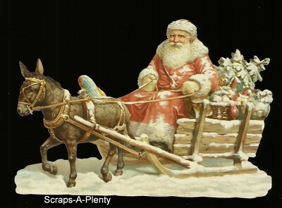 German Embossed Scrap Die Cut-Large Christmas Santa, Sleigh,  & Toys  BK5129