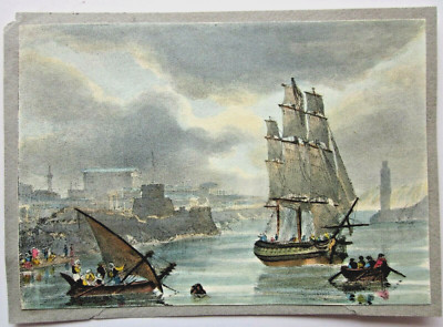 19thC Antique Lithograph Port Ships Alexandria? Lighthouse Lovely Handcolouring