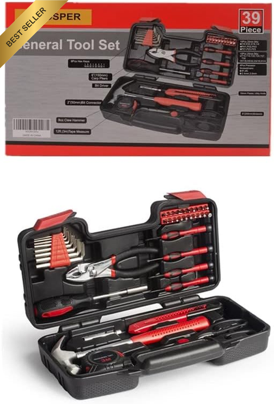 39-Pc General Household Tool Set Essential Hand Tool Kit Portable Case Red