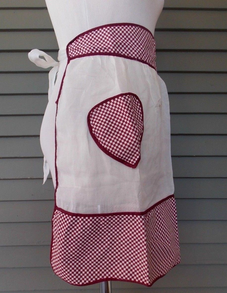 Vintage Handmade Half Apron White Sheer Burgundy Check Trim and Pocket