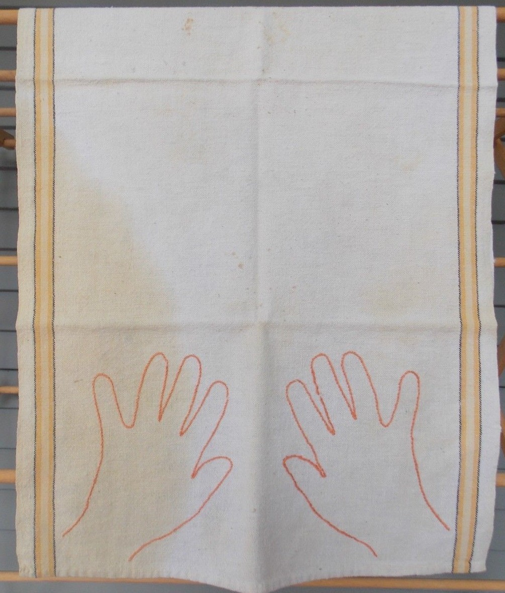 3 Vintage Embroidered Handmade Tea Towels Hands Face Flowers