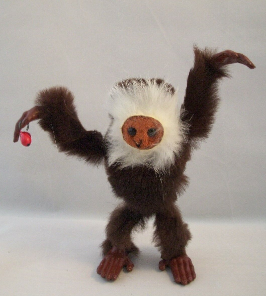 Vintage WORKING Mechanical Fur Covered Walking Scary Gibbon Wind Up Toy With Box