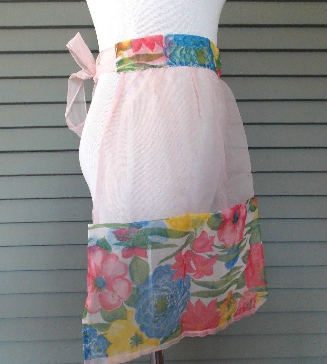Vintage Handmade Half Apron Pink Sheer Floral Pockets and Trim