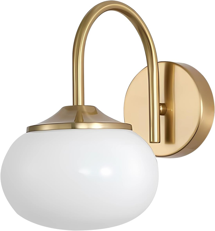 1-Light Vintage Wall Sconces Antique Brass Nordic Milk White Glass Globe Sconces Wall Lighting Single Bathroom Vanity Light Fixtures Gold Wall Mounted Lamp for Living Room Bedroom Kitchen BWL01-W
