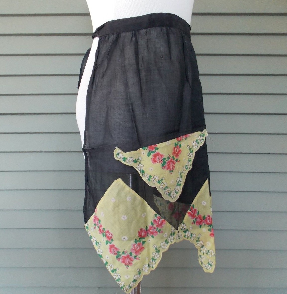 Vintage Handmade Half Apron Black Sheer Yellow Handkerchief Pink Flowers Trim