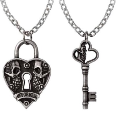 Key To Eternity Pendant Set, Necklace, Gothic Love Heart Skulls, Alchemy England