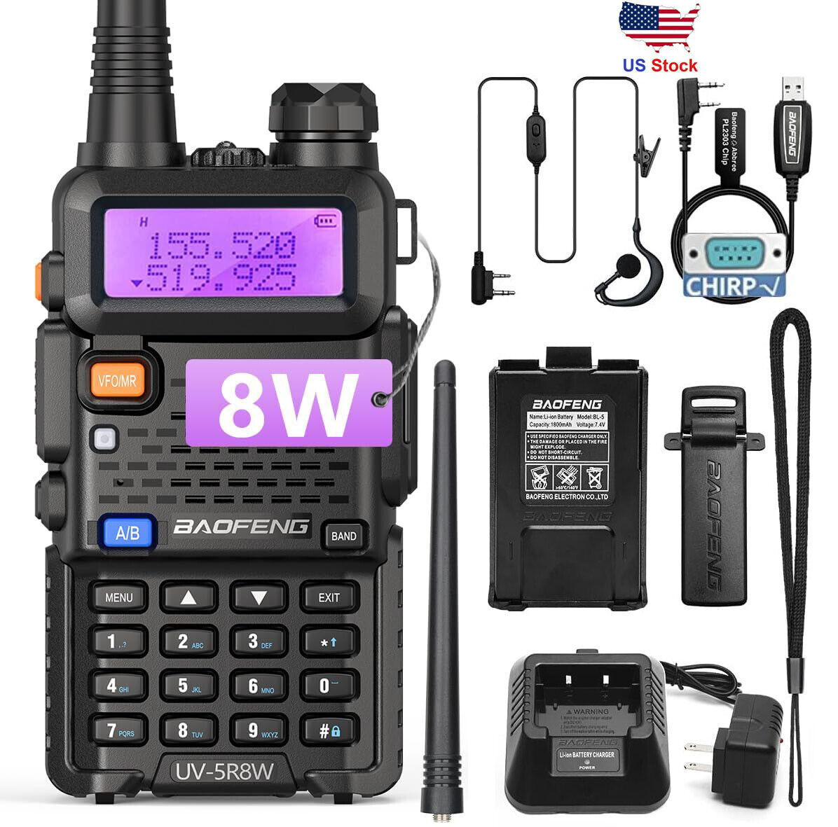 Baofeng UV-5R 8W Tri-Power Dual Band 1/4/8W Ham Radio Walkie Talkie Scanner Set