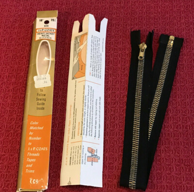 Vtg. ZIPPER J&P Coats Heavy Jacket Metal Zipper 18'' Black New in Package 1970s