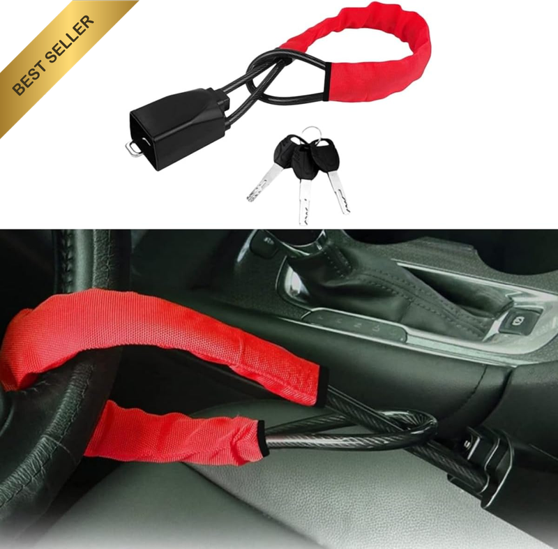 Car Steering Wheel Lock Anti-Theft Seat Belt Security 3 Keys Red