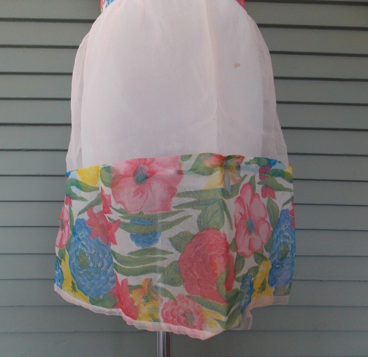 Vintage Handmade Half Apron Pink Sheer Floral Pockets and Trim
