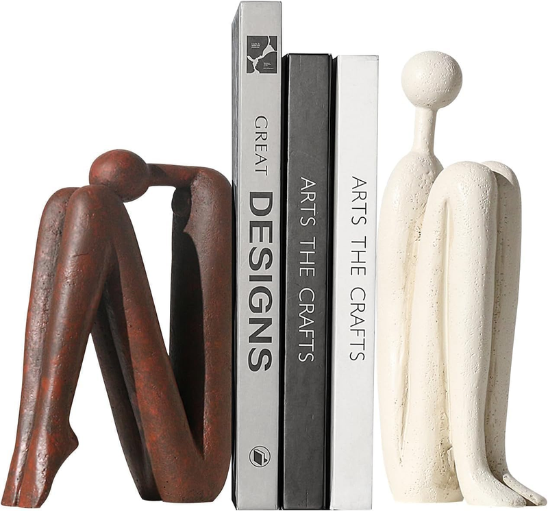 Book Ends- Decorative Thinker Bookends, White&Red Book Holder, Heavy Book Stoppe