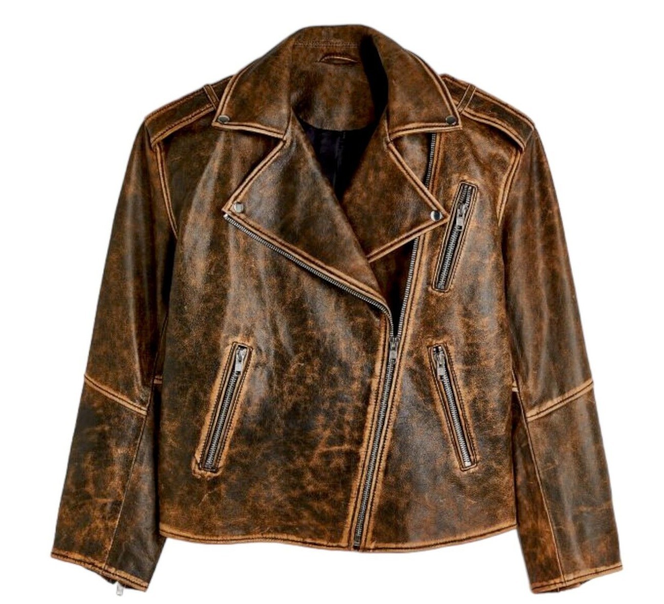 1980s Oversized Biker Distressed Brown Real Leather Women