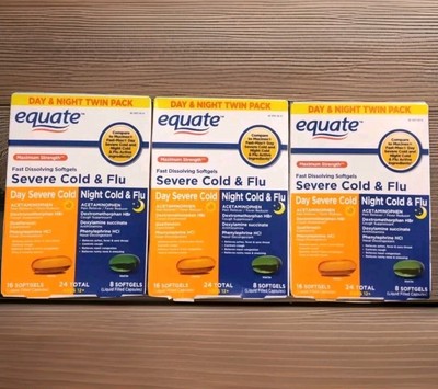 3 Equate Max Strength Daytime & Nighttime Severe Cold & Flu 24 Softgels ea 12/24