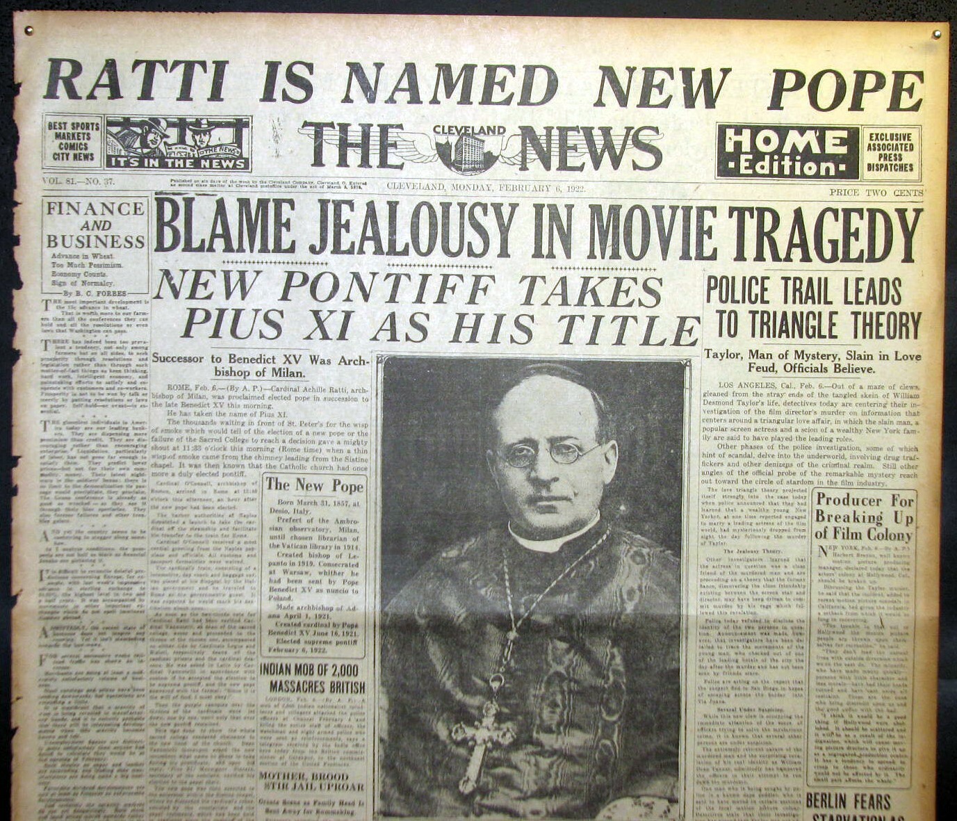1922 Newspaper Bold Headline - New Catholic Pope Takes Name