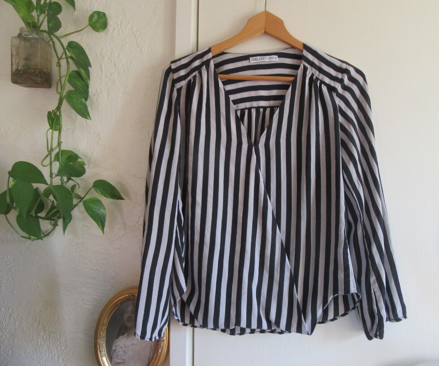 トップス Chelsea ribbon tops Chelsea Flower Black Gray Striped Blouse 100% Silk Career