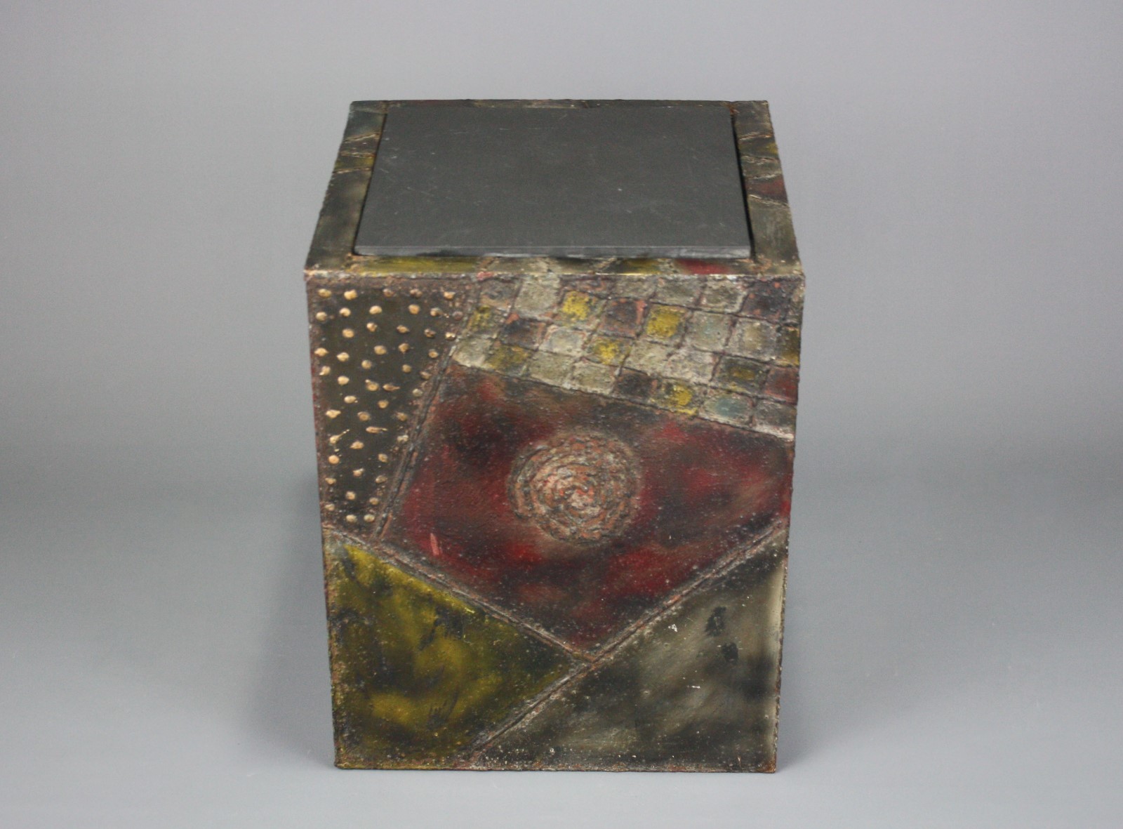 Original Paul Evans Sculpted Steel Brutalist Cube Table w/ Slate, Signed, 1967