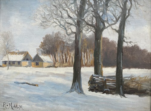 Impressionist Nordic Winter Landscape Houses IN Forest Snow