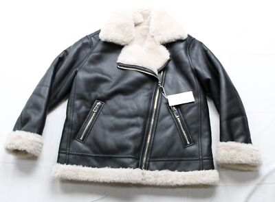 Mango Women's Faux Leather Shearling-Lined Biker Jacket CD4 Black Small NWT