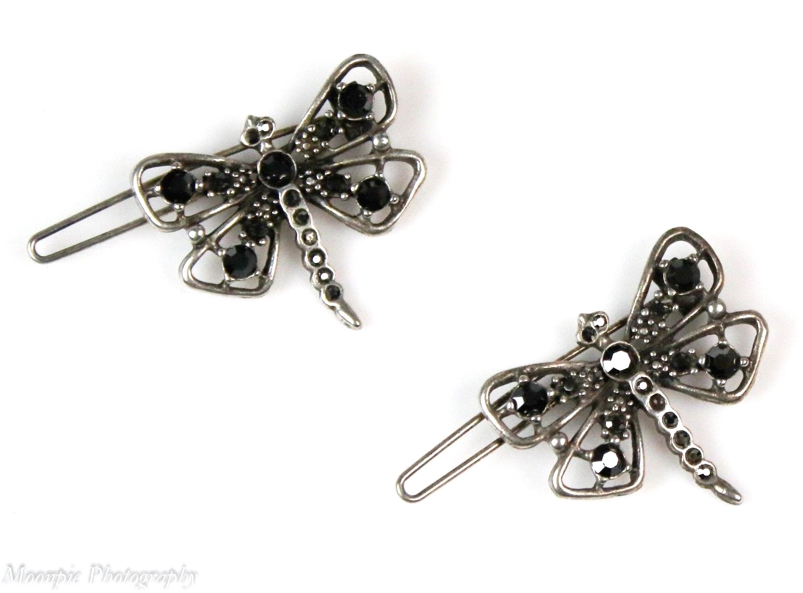 Vtg Pair Dragonfly Rhinestone Silver Tone Hair Barrettes