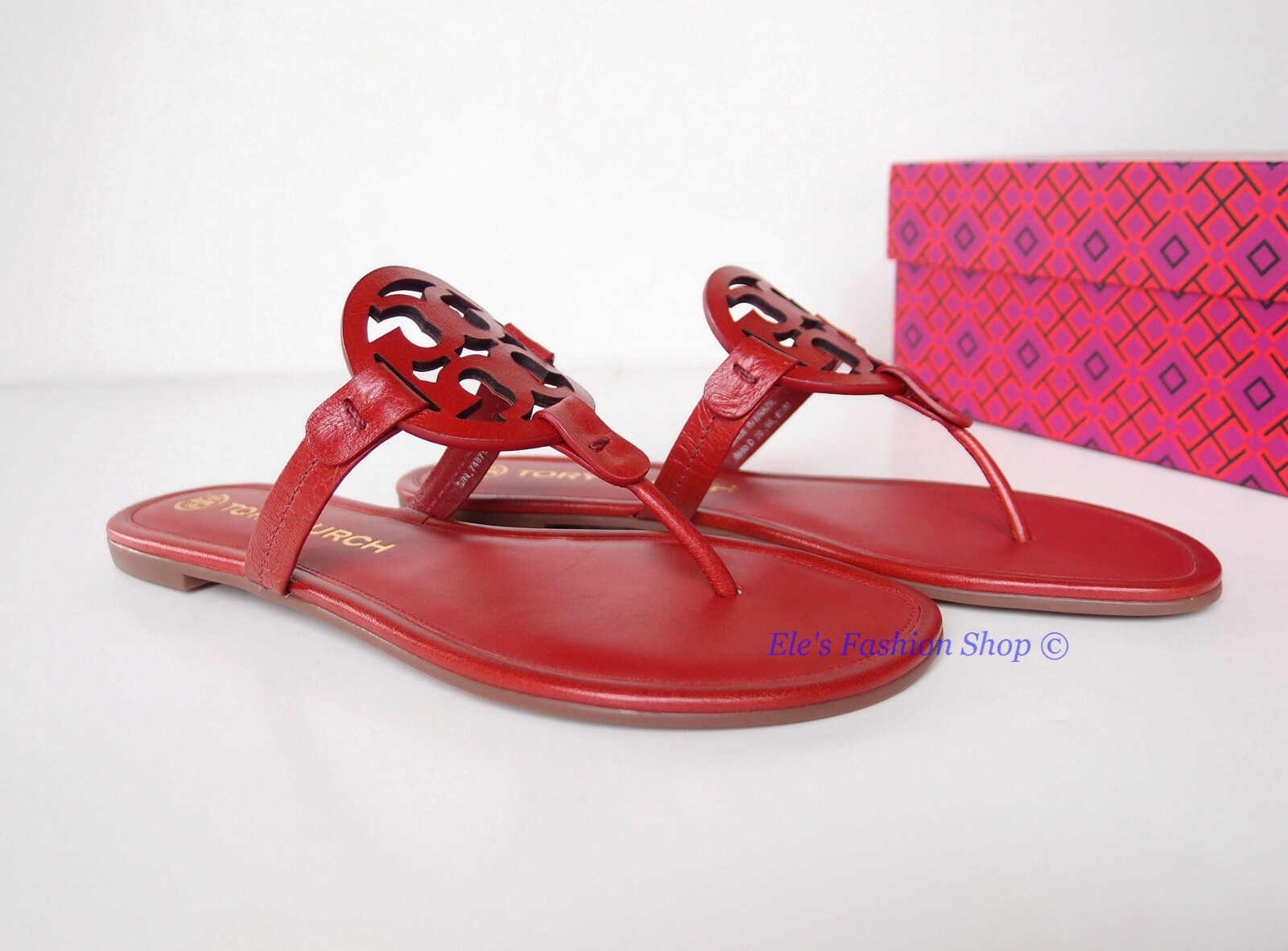 Pre-owned Tory Burch Miller Leather Thong Sandal Poinsettia Red Us 7 Authentic