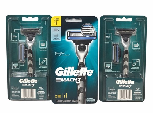 3Pk Gillette Mach3 Men’s Razor Handle & 2 Blade Refill Cartridges Silver & Black
