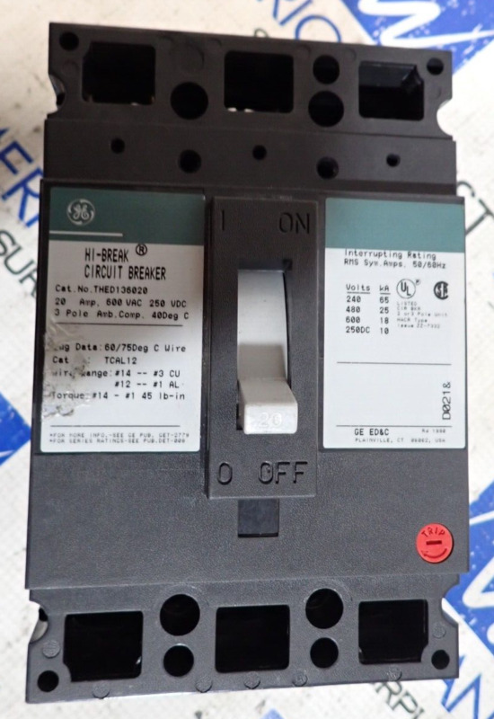 Ge Thed136020 20 Amp 600 Vac 3 Pole Type Thed Green Circuit Breaker - Tested