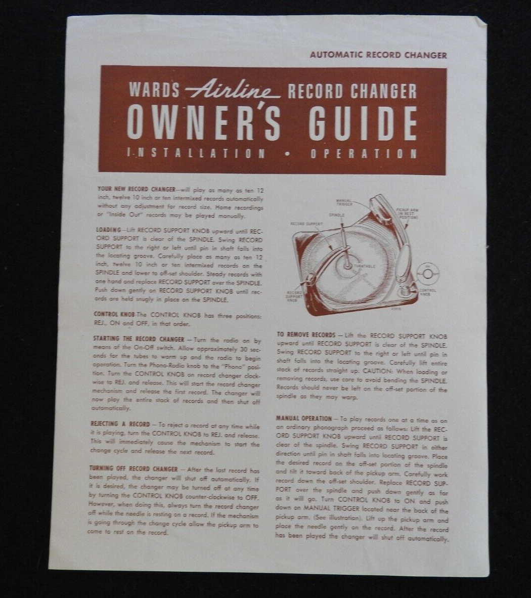 1940's Montgomery Wards Airline Console AM/SW Radio 84WG-2718B 84WG-2724A MANUAL