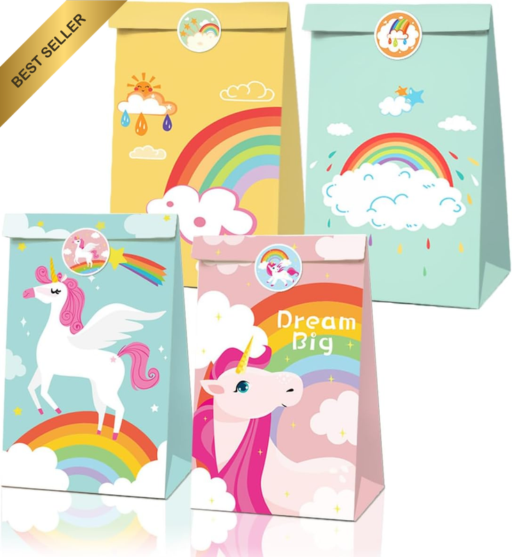 12Pcs Unicorn Party Paper Bags Unicorn Gift Bag Candy Bags Treat Bags with 18 ro