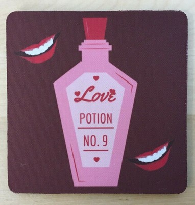 Valentine Drink Coasters 4'', Set of 4, ''Love Potion #9, Red & Pink, Rubber Back 