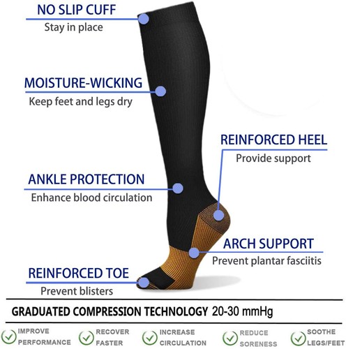 1/3/6 Copper Compression Socks 20-30mmHg Graduated Support Mens Womens S-XXL