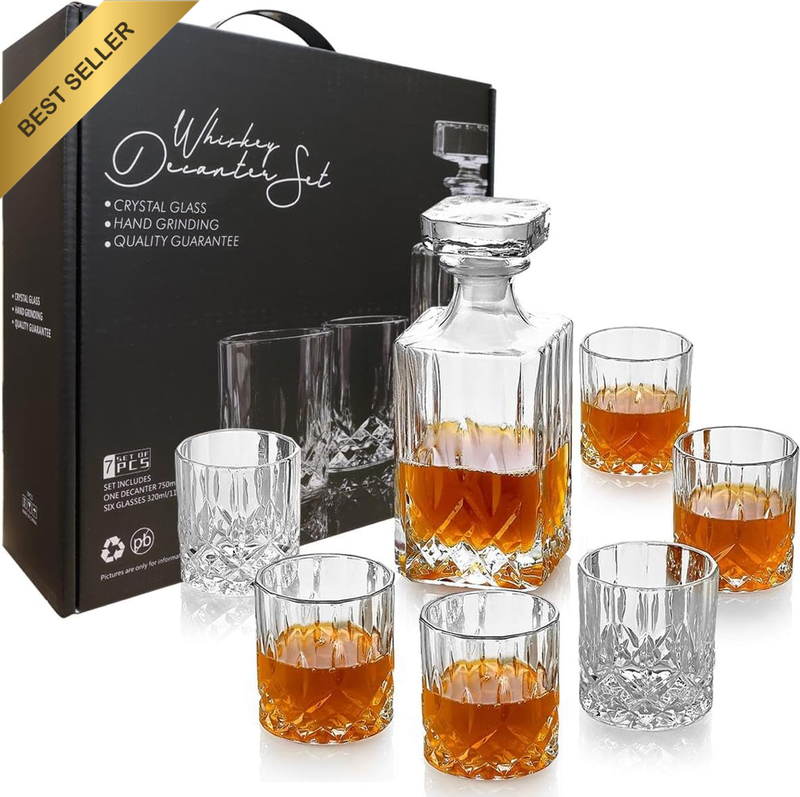7PCS Whiskey Decanter Set, Crystal Liquor Wine Decanter with 6 Twisted Old Fashi