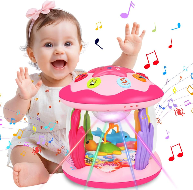 Baby Toys 6-12 Months Girl Gifts: Babies Ocean Rotating Light up Musical Toys for Toddlers 1 2 Year Old Crawling Learning Infant Toy 6 7 8 9 10 11 12 Months Old Baby Girl Easter Gift (Pink)