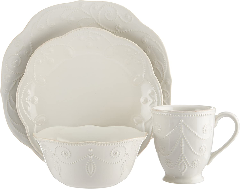 White Dinnerware Set 4 Piece French Bead Motif Stoneware Plate Dish Kitchen Mug