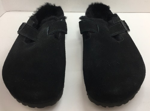 Birkenstock Boston Black Suede 39 Shearling Lined Womens Size 8 Slip On Clogs Y2