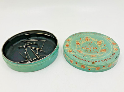 Vintage Dorcas Dressmakers Steel Pins Tin - D F Tayler & Co Ltd Partial Contents