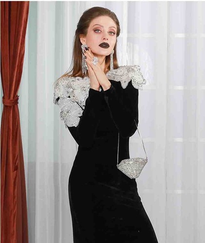 Pre-owned Handmade Custom Made To Order Crew Neck Velvet Asymmetry Beaded Ball Gown Plus1x-10x L893 In Black