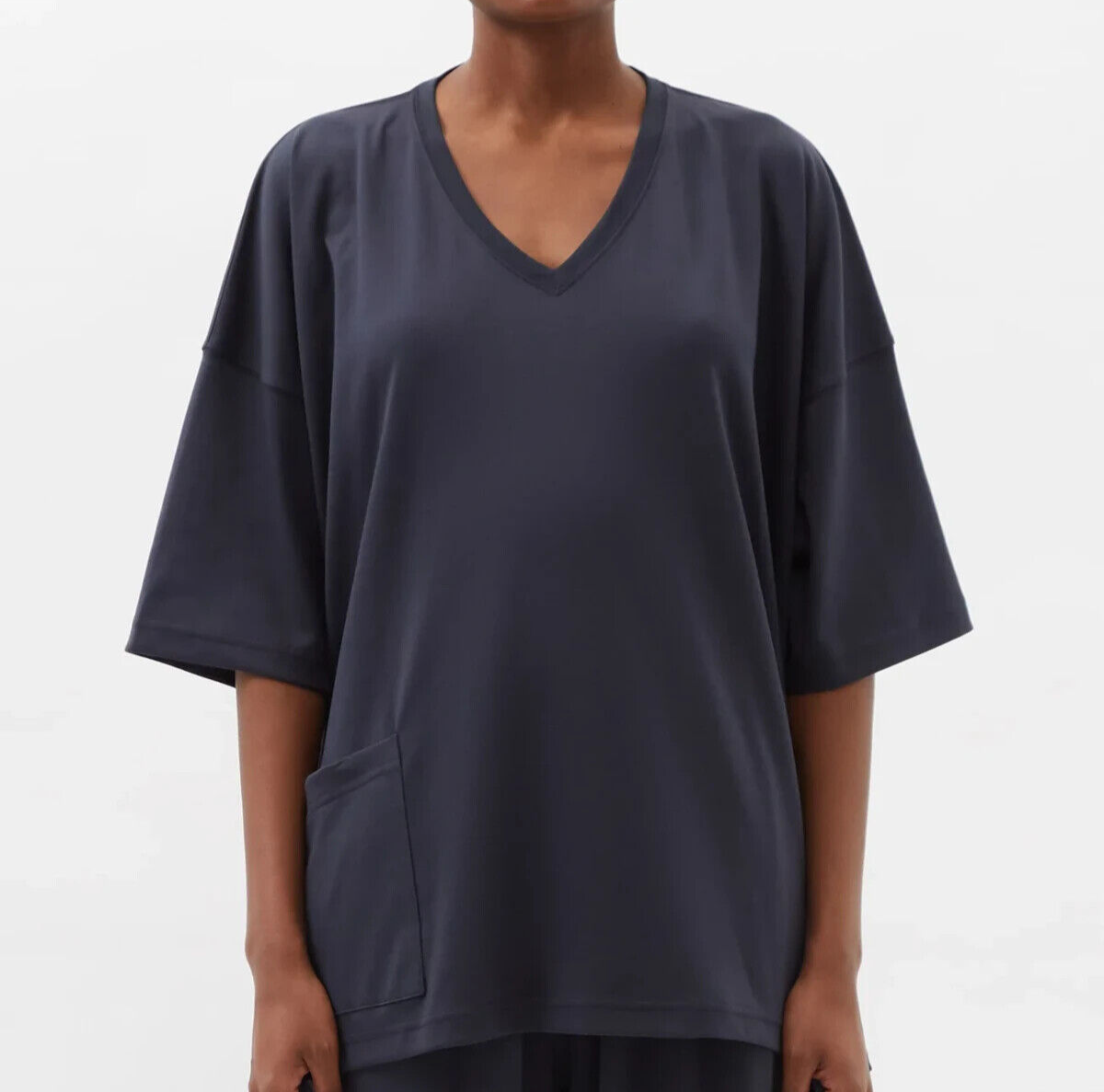 Pre-owned Eskandar Dark Navy V-neck Mid Weight Pima Cotton 30" Long Top W/pocket O/s In Blue