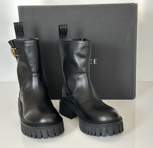 Pre-owned Versace $1300  Leather Black Leather Ankle Boots 9 Us (39 Euro) 1002863 Spain