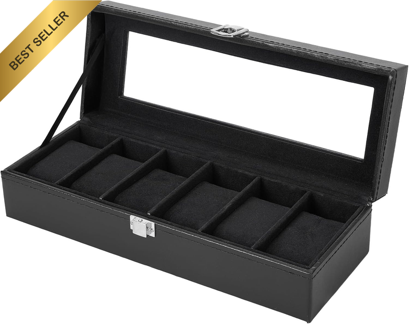 Watch Box 6 Slot PU Leather Glass Lid Display Case for Men Women